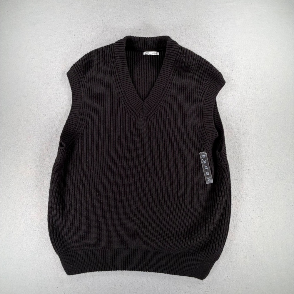 Zara Men's Large Black Ribbed Knit V-Neck Sweater Vest Sleeveless Pullover Top